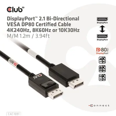 Club 3D Kábel - CAC-1091 (DisplayPort 2.1,  DP80, 4K240Hz, 1.2m, Bidirectional, M/M) – 2. kép