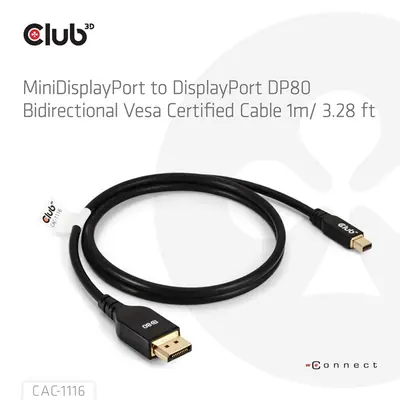 Club 3D Kábel - CAC-1116 (Mini DisplayPort to DisplayPort, DP80, Bidirektional, VESA, 4K240Hz, 8K60Hz, 10K60Hz, 1m) – 2. kép