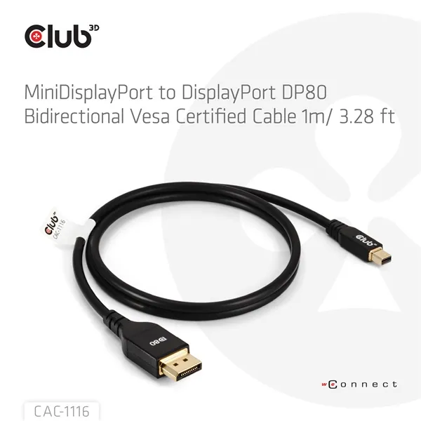 Club 3D Kábel - CAC-1116 (Mini DisplayPort to DisplayPort, DP80, Bidirektional, VESA, 4K240Hz, 8K60Hz, 10K60Hz, 1m) – 2. kép