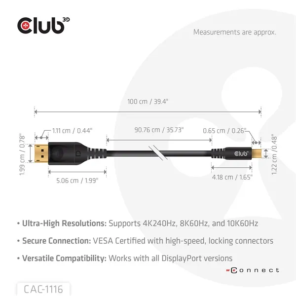 Club 3D Kábel - CAC-1116 (Mini DisplayPort to DisplayPort, DP80, Bidirektional, VESA, 4K240Hz, 8K60Hz, 10K60Hz, 1m) – 3. kép
