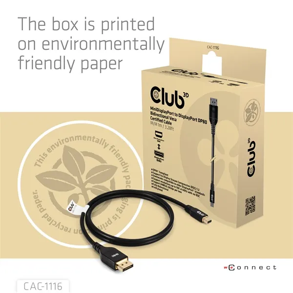 Club 3D Kábel - CAC-1116 (Mini DisplayPort to DisplayPort, DP80, Bidirektional, VESA, 4K240Hz, 8K60Hz, 10K60Hz, 1m) – 5. kép