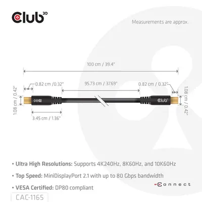 Club 3D Kábel - CAC-1165 (Mini DisplayPort M/M, DP80, 80Gbps, 1m, 4K240Hz/8K60Hz/10K60Hz) – 2. kép