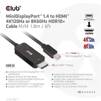 Club 3D Átalakító - CAC-1187 (Mini DisplayPort 1.4 to HDMI 4K120Hz / 8K60Hz HDR10+, 1.8m) – 2. kép