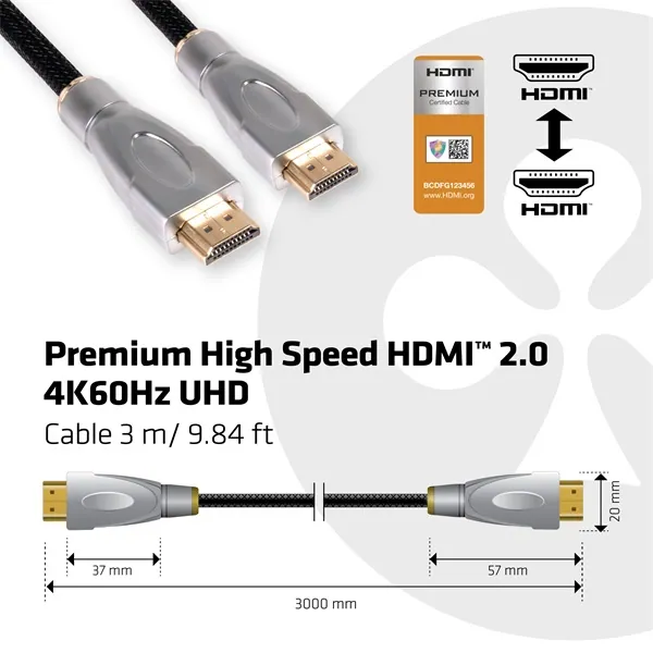 Club 3D Kábel - CAC-1310 (HDMI 2.0 Premium High Speed, 4K60Hz, 3m, UHD, ethernet, HDR, 18Gbps, Full HD 3D, M/M) – 3. kép