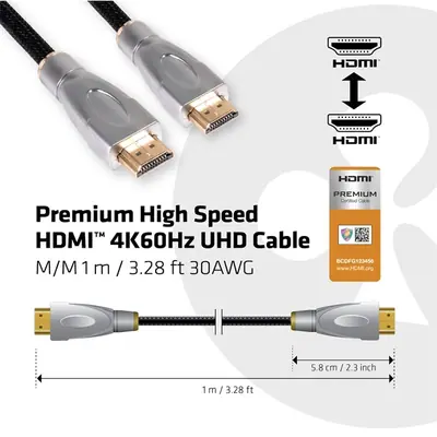 Club 3D Kábel - CAC-1311 (HDMI 2.0 Premium High Speed, 4K60Hz, 1m, Ethernet, HDR, UHD, 18Gbps, M/M, 30AWG) – 2. kép