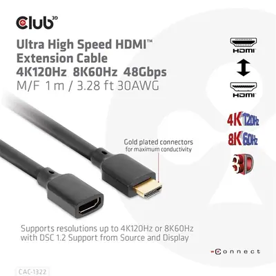 Club 3D Kábel - CAC-1322 (HDMI 2.1 Ultra High Speed, 4K120Hz 8K60Hz, 30AWG, 48Gbps, 1m, M/F) – 2. kép