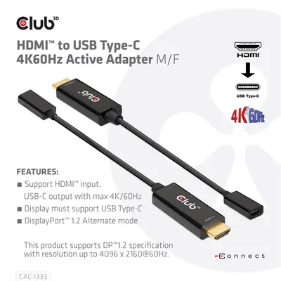 Club 3D Átalakító - CAC-1333 (HDMI to USB-C aktív, 4K60Hz, M/F) – 2. kép