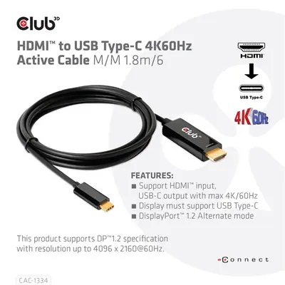 Club 3D Kábel - CAC-1334 (HDMI to USB-C, Aktív, M/M, 4K60Hz, 1.8m) – 2. kép