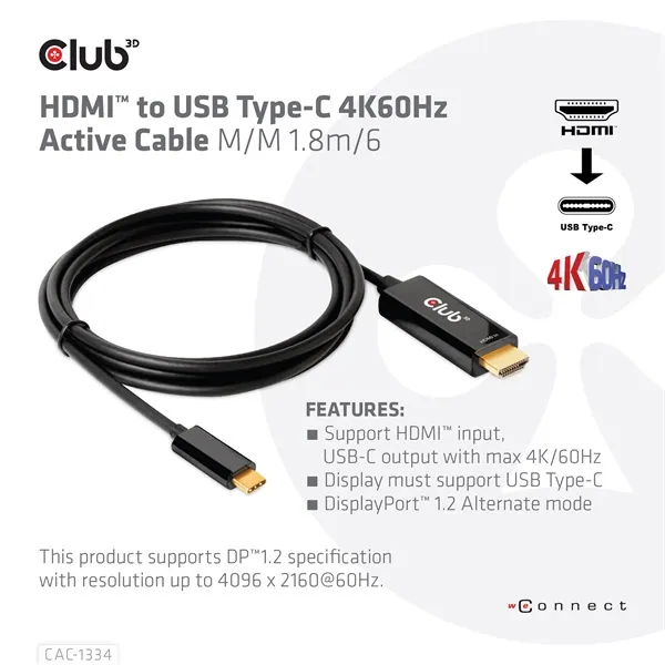 Club 3D Kábel - CAC-1334 (HDMI to USB-C, Aktív, M/M, 4K60Hz, 1.8m) – 2. kép