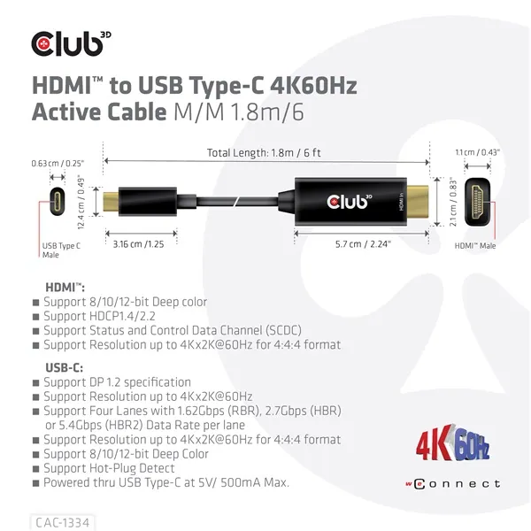 Club 3D Kábel - CAC-1334 (HDMI to USB-C, Aktív, M/M, 4K60Hz, 1.8m) – 3. kép