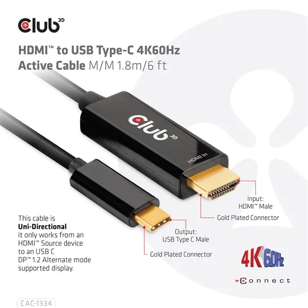 Club 3D Kábel - CAC-1334 (HDMI to USB-C, Aktív, M/M, 4K60Hz, 1.8m) – 6. kép