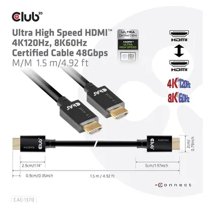 Club 3D Kábel - CAC-1370 (HDMI 2.1 Ultra High-Speed, 48Gbps, 4K120Hz, 8K60Hz, 1.5m, HDMI M/M, alacsony EMI, VRR, QMS) – 2. kép