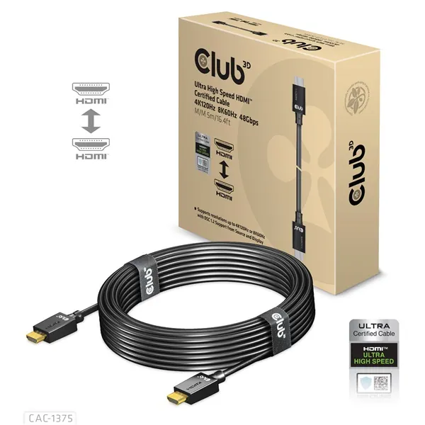 Club 3D Kábel - CAC-1375 (HDMI 2.1 Ultra High Speed, M/M, 4K120Hz, 8K60Hz, 48Gbps, 5m, VRR,QMS,QFT,eARC,HDR) – 6. kép