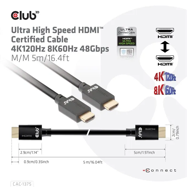 Club 3D Kábel - CAC-1375 (HDMI 2.1 Ultra High Speed, M/M, 4K120Hz, 8K60Hz, 48Gbps, 5m, VRR,QMS,QFT,eARC,HDR) – 7. kép
