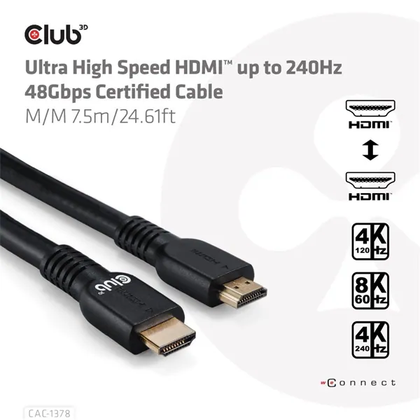 Club 3D Kábel - CAC-1378 (HDMI 2.1 Ultra High Speed, 240Hz, 48Gbps, M/M, 7.5m) – 2. kép