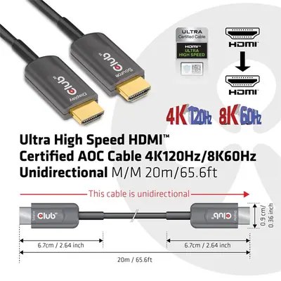 Club 3D Kábel - CAC-1379 (HDMI 2.1 Ultra High Speed,  AOC, M/M, 8K60Hz, 4K120Hz, 20m, eARC, VRR, HDR10, DSC 1.2) – 2. kép