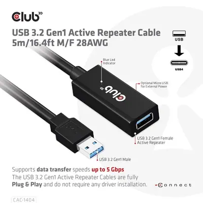 Club 3D kábel - CAC-1404 (3.2 USB-A, M/F, Active Repeater, 5Gbps, 5m) – 2. kép