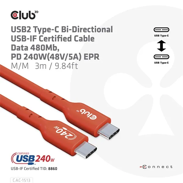 Club 3D Kábel - CAC-1513 (USB2 USB-C Bidirektional, 480Mb/s, PD 240W, USB-IF Certified, M/M, 3m) – 6. kép