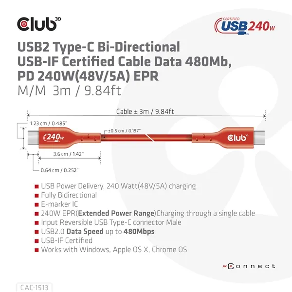 Club 3D Kábel - CAC-1513 (USB2 USB-C Bidirektional, 480Mb/s, PD 240W, USB-IF Certified, M/M, 3m) – 7. kép