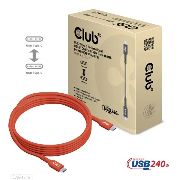 Club 3D Kábel - CAC-1515 (USB2.0 USB-C, 480Mb, 240W PD, kétirányú, USB-IF Certified, M/M, 4m) – 5. kép
