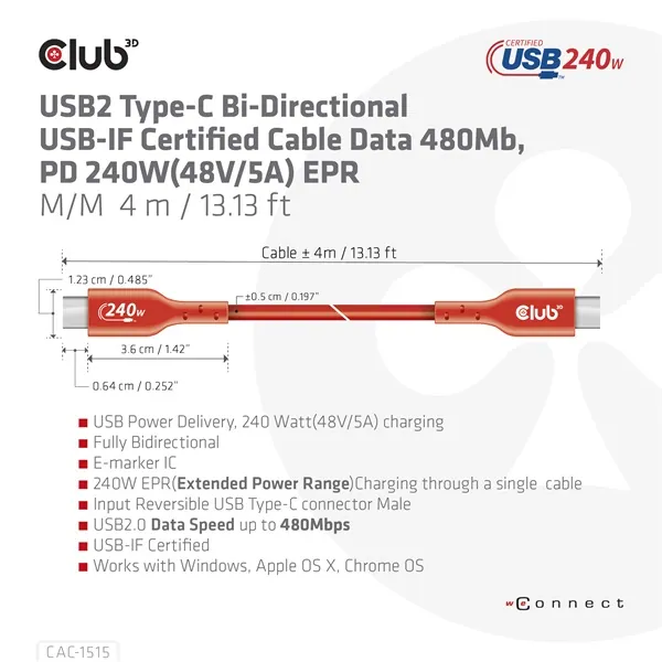 Club 3D Kábel - CAC-1515 (USB2.0 USB-C, 480Mb, 240W PD, kétirányú, USB-IF Certified, M/M, 4m) – 7. kép
