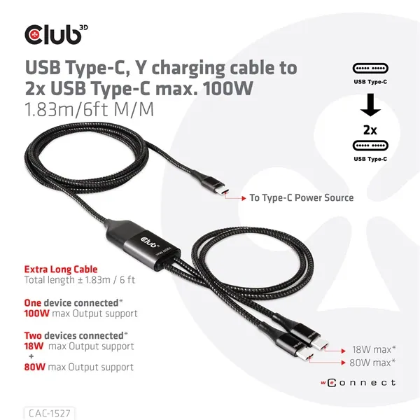 Club 3D Kábel - CAC-1527 (USB-C Y kábel, 100W PD, 1.83m, 2xUSB-C) – 6. kép