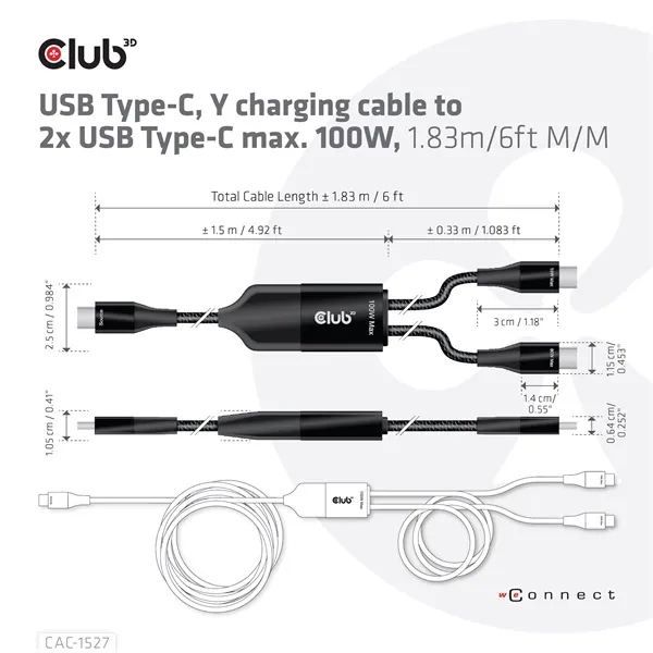 Club 3D Kábel - CAC-1527 (USB-C Y kábel, 100W PD, 1.83m, 2xUSB-C) – 7. kép