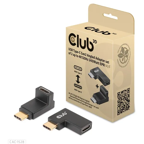 Club 3D Átalakító - CAC-1528 (USB-C Gen 2 to USB-C Gen 2, 90 fokos adapter, 10Gbps, 4k120Hz)