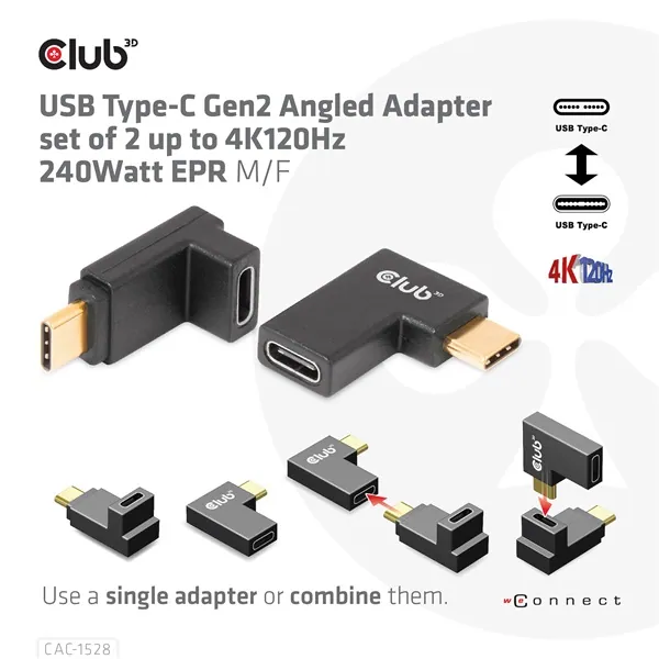 Club 3D Átalakító - CAC-1528 (USB-C Gen 2 to USB-C Gen 2, 90 fokos adapter, 10Gbps, 4k120Hz) – 3. kép