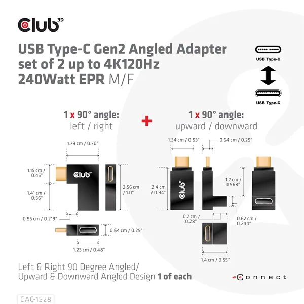 Club 3D Átalakító - CAC-1528 (USB-C Gen 2 to USB-C Gen 2, 90 fokos adapter, 10Gbps, 4k120Hz) – 4. kép