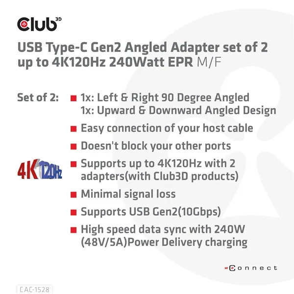 Club 3D Átalakító - CAC-1528 (USB-C Gen 2 to USB-C Gen 2, 90 fokos adapter, 10Gbps, 4k120Hz) – 6. kép