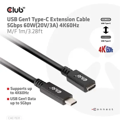 Club 3D Kábel - CAC-1531 (USB-C Gen 1 to USB-C, 5Gbps, 60W, 4K60Hz, M/F, 1m) – 2. kép