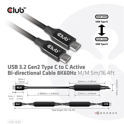 Club 3D Kábel - CAC-1535 (3.2 USB-C Gen 2 to 3.2 USB-C Gen 2, 60W PD, 8K60Hz, Bidirectional, M/M, 5m) – 2. kép