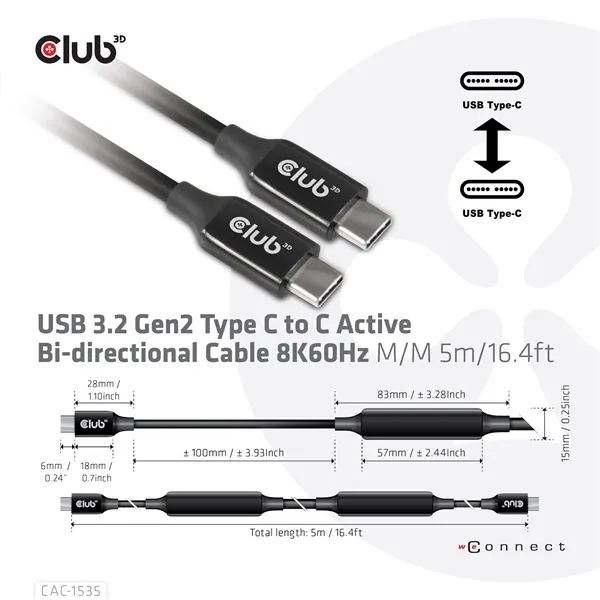 Club 3D Kábel - CAC-1535 (3.2 USB-C Gen 2 to 3.2 USB-C Gen 2, 60W PD, 8K60Hz, Bidirectional, M/M, 5m) – 2. kép