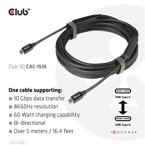 Club 3D Kábel - CAC-1535 (3.2 USB-C Gen 2 to 3.2 USB-C Gen 2, 60W PD, 8K60Hz, Bidirectional, M/M, 5m) – 3. kép
