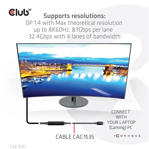 Club 3D Kábel - CAC-1535 (3.2 USB-C Gen 2 to 3.2 USB-C Gen 2, 60W PD, 8K60Hz, Bidirectional, M/M, 5m) – 8. kép