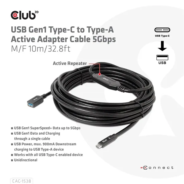 Club 3D Kábel - CAC-1538 (USB-C Gen 1 to USB-A, 5Gbps, 10m) – 3. kép