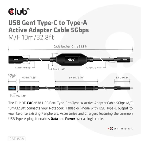 Club 3D Kábel - CAC-1538 (USB-C Gen 1 to USB-A, 5Gbps, 10m) – 4. kép