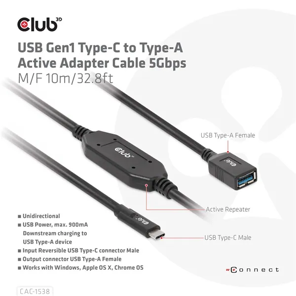 Club 3D Kábel - CAC-1538 (USB-C Gen 1 to USB-A, 5Gbps, 10m) – 8. kép