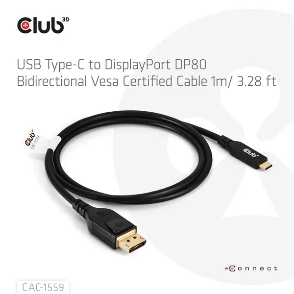 Club 3D Kábel - CAC-1559 (USB-C to DisplayPort 2.1, DP80 Bidirectional, 1m, 8K60Hz) – 2. kép