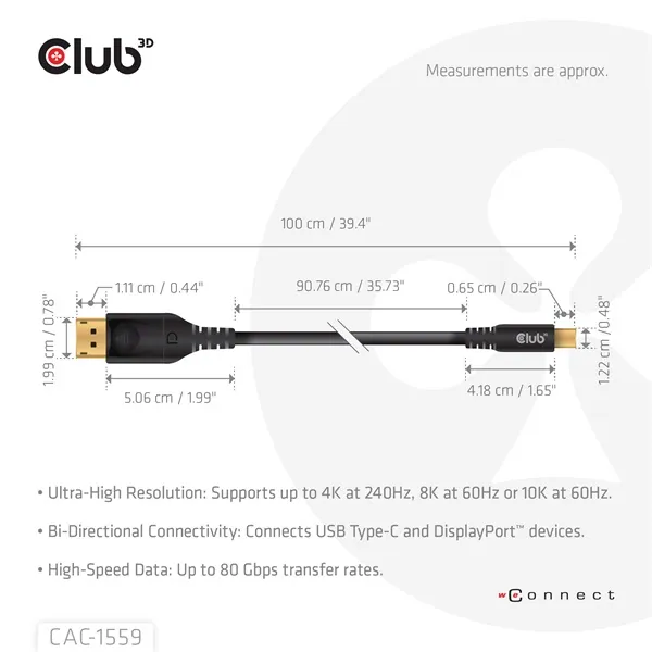 Club 3D Kábel - CAC-1559 (USB-C to DisplayPort 2.1, DP80 Bidirectional, 1m, 8K60Hz) – 3. kép