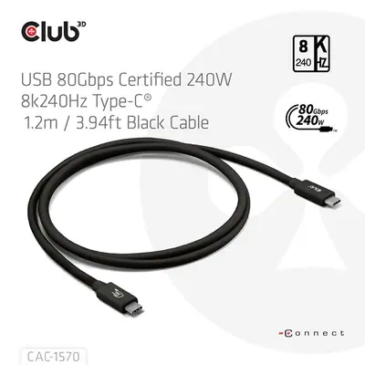 Club 3D Kábel - CAC-1570 (USB4 USB-C, 240W PD, 80Gbps, 8K240Hz, 4K540Hz, Bidirectional, fekete, M/M, 1,2m) – 2. kép
