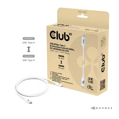 Club 3D Kábel - CAC-1572 (USB4 USB-C, 240W PD, 80Gbps, 8K240Hz, 4K540Hz, Bidirectional, fehér, M/M, 1,2m)