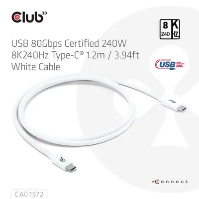Club 3D Kábel - CAC-1572 (USB4 USB-C, 240W PD, 80Gbps, 8K240Hz, 4K540Hz, Bidirectional, fehér, M/M, 1,2m) – 2. kép