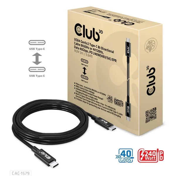 Club 3D Kábel - CAC-1579 (USB4 USB-C Gen 3x2, Bi-directional, 8K60Hz, 40Gbps, 240W PD, EPR, M/M, 3m) – 5. kép