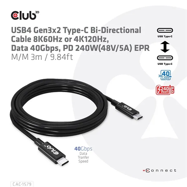 Club 3D Kábel - CAC-1579 (USB4 USB-C Gen 3x2, Bi-directional, 8K60Hz, 40Gbps, 240W PD, EPR, M/M, 3m) – 6. kép