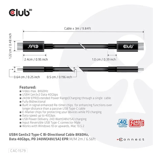 Club 3D Kábel - CAC-1579 (USB4 USB-C Gen 3x2, Bi-directional, 8K60Hz, 40Gbps, 240W PD, EPR, M/M, 3m) – 7. kép