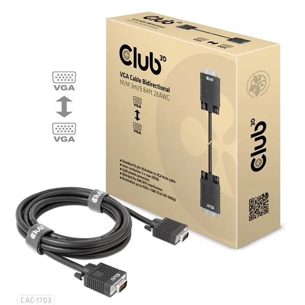 Club 3D Kábel - CAC-1703 (VGA Bidirectional, M/M, 3m, 28AWG, Full HD 1080p)