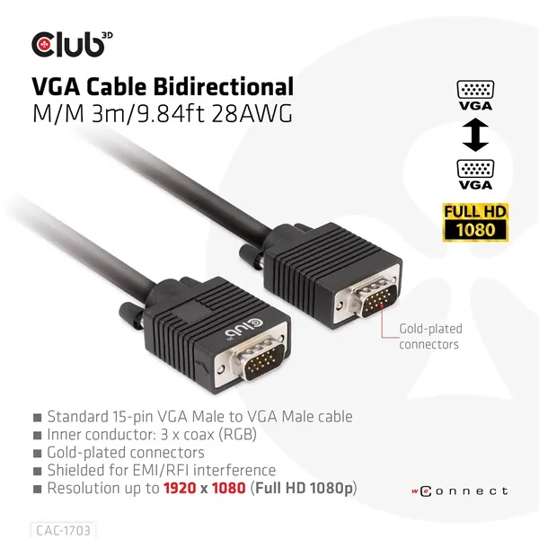 Club 3D Kábel - CAC-1703 (VGA Bidirectional, M/M, 3m, 28AWG, Full HD 1080p) – 2. kép