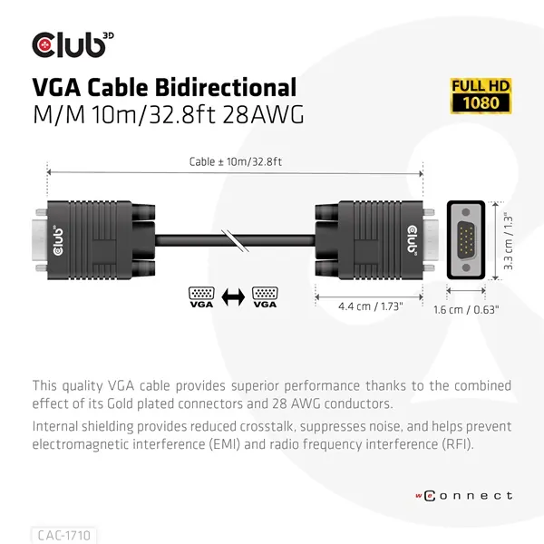 Club 3D Kábel - CAC-1710 (VGA Bidirectional, M/M, 10m, 28AWG, 1080p) – 3. kép